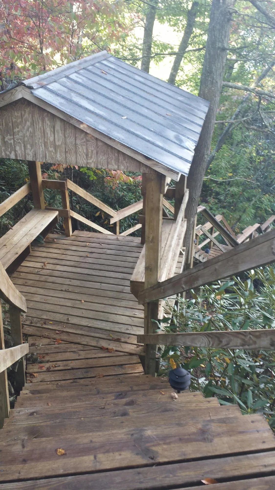 Metal roofed shelter over wooden steps on a wooded walkway — Skylight Repair & Installation work by our crew in Lorida